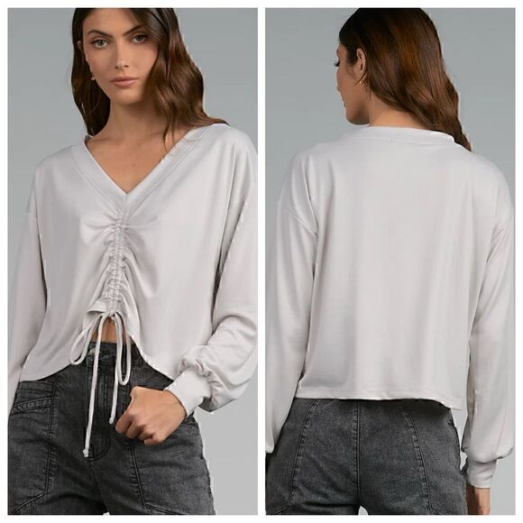 Elan Top Womens size Medium pull string V Neck Gray Stone pullover New - Picture 1 of 13